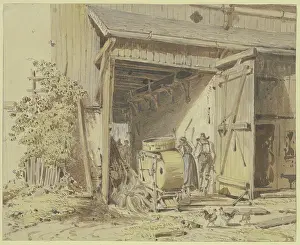 Machine Prints: Barn with farmers threshing, c1825-1867. Creator: Heinrich Burkel