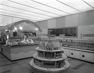 Salami Prints: Barnsley Co-op, butchery department, 1957. Artist: Michael Walters