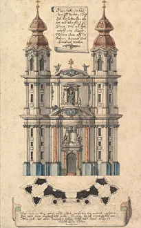 Symmetrical Prints: Baroque Church Facade with Obliquely Placed Towers. ca. 1760-70