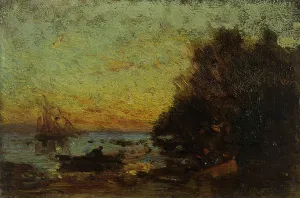 Barque et voiliers, coucher de soleil. Au revers : Marine, between 1850 and 1860. Creator: Felix Francois Georges Philibert Ziem