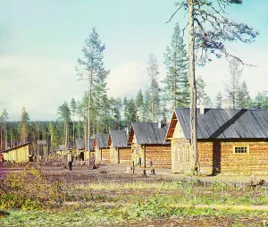 In A Row Prints: Barracks for prisoners of war along the Murmansk railway