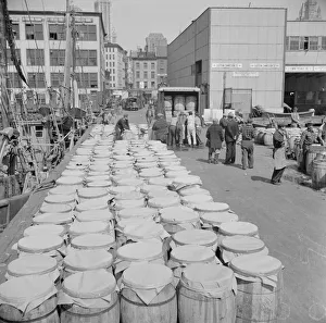 Barrels of fish on the docks at Fulton fish market ready to be shipped to retailers, New York, 1943. Creator: Gordon Parks