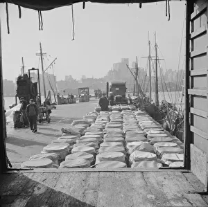 Distributing Prints: Barrels of fish on the docks at Fulton fish market ready to be shipped to
