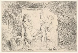 Jean Honoré Prints: A bas-relief depicting a satyr at left holding two infants, another child satyr to right