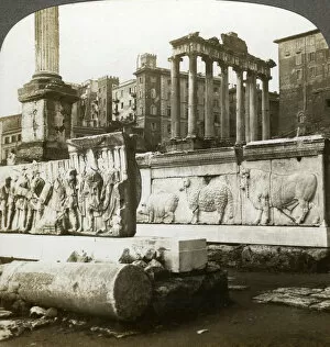 Bas reliefs of Trajan and Column of Phocas in the Forum, Rome, Italy.Artist: Underwood & Underwood