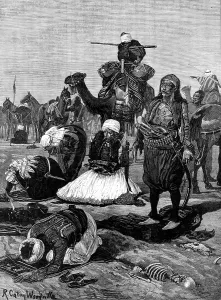 Devout Prints: Bashi-Bazouks on the march: a halt for prayer, 1883. Creator: Unknown