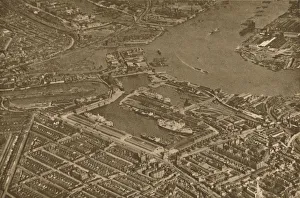 Street Plan Prints: The Three Basins of the East India Docks and the Blackwall Reach of the Thames Seen From The Air