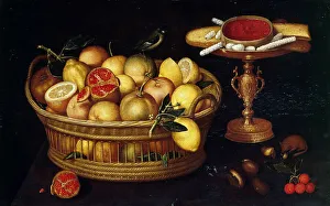 Oranges Prints: Basket of citrus fruits and étagère with sweets