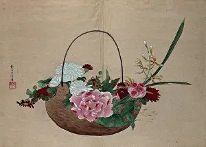 Stem Prints: A basket of flowers, peonies, chrysanthemums and orchids. Creator: Unknown