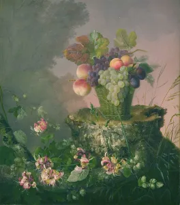 Honeysuckle Prints: Basket of Flowers standing on a Tree Stump, 1814-1875. Creator: Hermania Neergaard