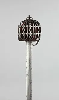 Broadsword Prints: Basket-Hilted Broadsword with Scabbard (Claymore), Scotland, c. 1750. Creator: Unknown