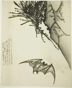 Wings Collection: A Bat Flying near a Pine Tree, 19th century. Creator: Issho