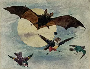 Behaviour Prints: A bat and three fully dressed birds flying by moonlight, 1900. Creator: George Hope Tait