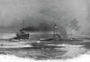 Submarine Prints: Un bateau brise-glaces ouvre un chenal devant un sous-marin russe a son retour de croisiere