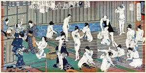 Naked Gallery: Bath house scene, a print by Toyohara Kunichika, 19th century. Artist: Toyohara Kunichika