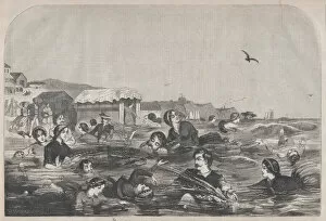 Swimming Costume Gallery: The Bathe at Newport (Harpers Weekly, Vol. II), September 4, 1858. Creator: Unknown