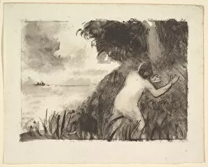 Monotype Gallery: Bather Standing Among Grasses at the Shore, ca. 1894. Creator: Camille Pissarro
