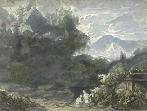 Bathers Prints: Bathers at ancient monument in mountainous landscape