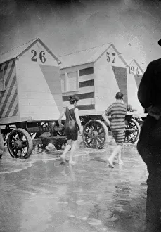 Bathing Machine Prints: Bathers and Bathing Machines-Ostend, 1913. Creator: Bain News Service