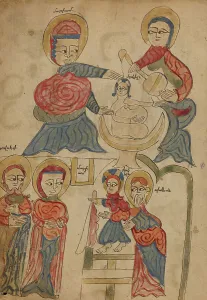 Verso Prints: Bathing the Christ Child and The Presentation in the Temple; Gospel Book