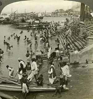 Bathing at a Ghat on the Ganges, Calcutta, India, c1900s(?).Artist: Underwood & Underwood