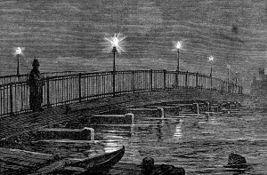 Gas Lights Prints: Battersea Bridge during the high tide of Friday last, 1874. Creator: Unknown