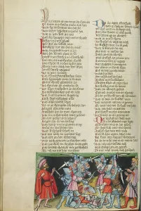 The Battle between Abner's and Joab's Men; Weltchronik, about 1400-1410. Creator: Unknown