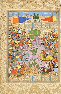 Shiraz Prints: The Battle between Bahram Chubina and Sava Shah (image 1 of 9), c1560. Creator: Unknown