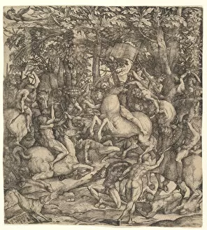 Campagnola Domenico Gallery: Battle between cavalry and infantry in a wood, 16th century. Creator: Hieronymus Hopfer