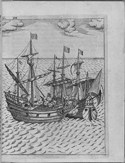 Battle between Francis Drakes ship Golden Hind and the Spanish ship Cacafuego. (From Levinus Hulsiu Artist: Anonymous)