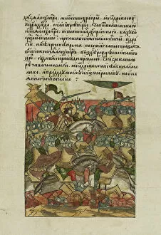 The Battle of the Ice on April 5, 1242 at Lake Peipus (From the Illuminated Compiled Chronicle), ca 1568?1576