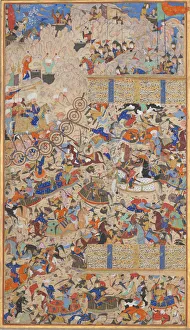 Turbans Prints: Battle Between Iranians and Turanians, Folio from a Shahnama (Book of Kings), 1562-83