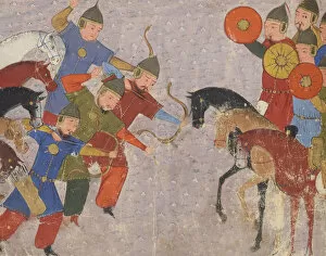 Battle between the Khwarezmian army and the Mongols. Miniature from Jami al-tawarikh (Universal His)