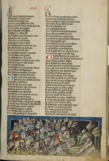 The Battle between the Four and Five Kings; Weltchronik, about 1400-1410. Creator: Unknown