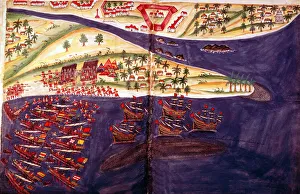 Portugal Prints: Battle between Muslims and Portuguese at Surat, Gujarat near Bombay, India, c16th century