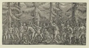Fight Collection: Battle Between Peasants and Naked Men in a Forest, 1522. Creator: Master NH