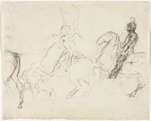Black Crayon Prints: Battle Scene with Armored Figures on Horseback (recto) Two Seated Women (verso), 1856-1860