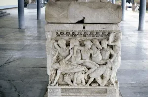 Battle scene on the foot of a sarcophagus, c300 BC