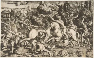 Dente Marco Prints: Battle scene in a landscape with soldiers on horseback and several fallen men, another