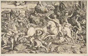 Battle scene in a landscape with soldiers on horseback and several fallen men, another
