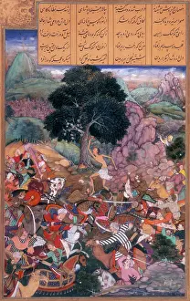 Loin Cloth Prints: Battle of the tribes watched by Majnun who is holding a rock, 1595. Creator: Nanha