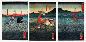Shore Prints: The Battle at Uji River, 1849. Creator: Utagawa Kuniyoshi