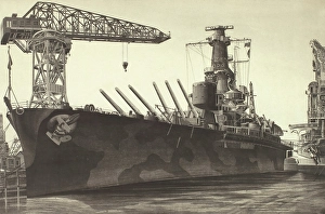 John Taylor Prints: Battle Wagon - USS Alabama Outfitting at Norfolk Navy Yard Crane Ship Kearsarge Alongside