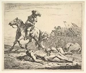 Battlefield with horseman looking over his left shoulder toward stripped corpse on the