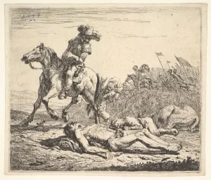Jardin Prints: Battlefield with horseman looking over his left shoulder toward stripped corpse on
