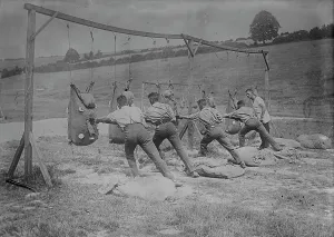 Sack Prints: Bayonet practice, British training, 16 Aug 1917. Creator: Bain News Service