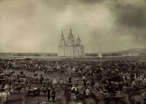 Carts Prints: Bazaar on Novobazarnaya Square, 1860. Creator: Unknown