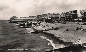 Beach, looking west, Worthing, Sussex, 1935