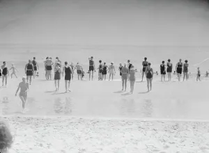 Bathing Suit Prints: Beach scene, East Hampton, Long Island, between 1933 and 1942. Creator: Arnold Genthe