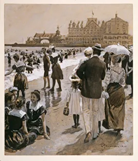 20th Prints: Beach Scene from Harpers Weekly, pub. 1900 (coloured lithograph)